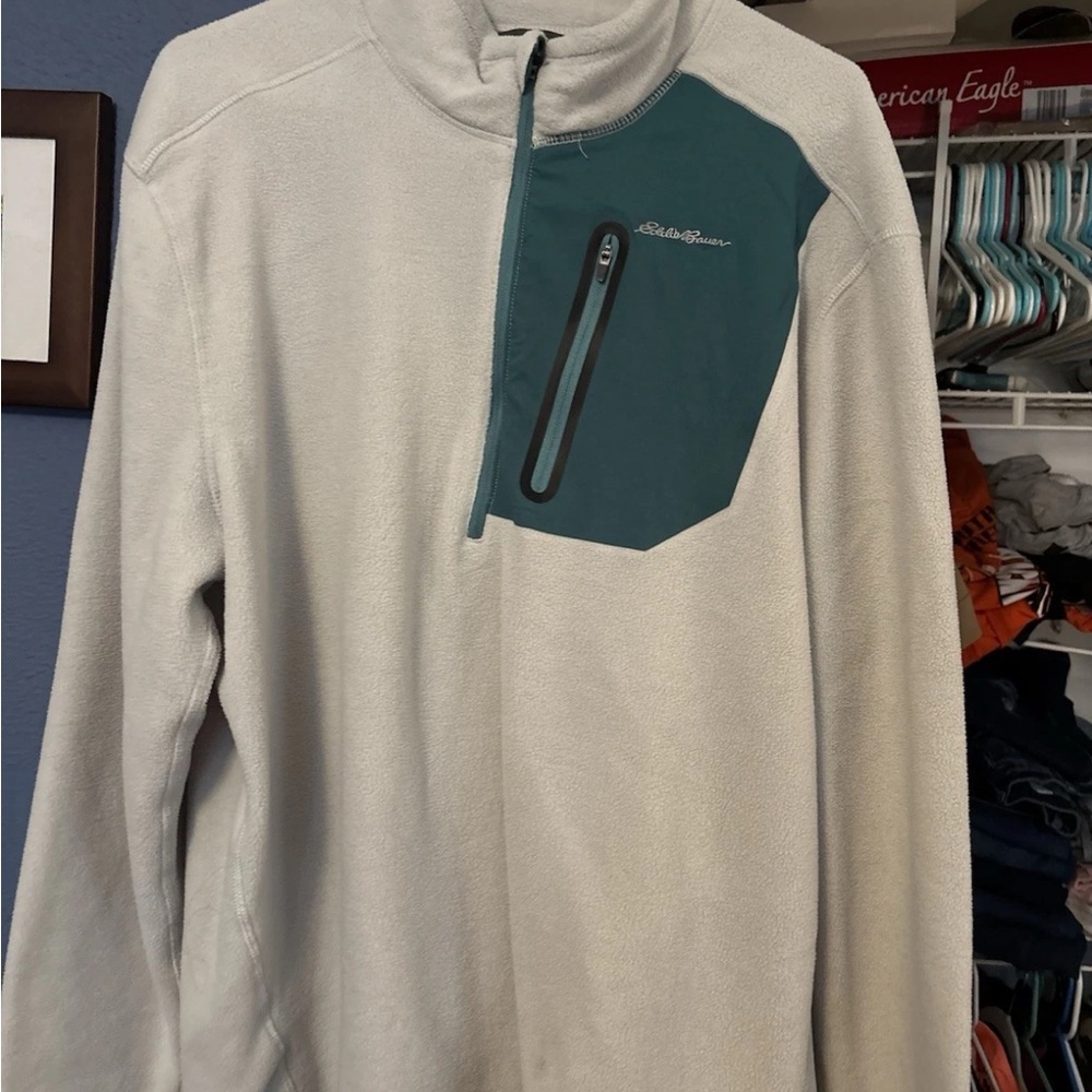 Eddie Bauer Light Gray Fleece Pullover with Teal Chest Panel